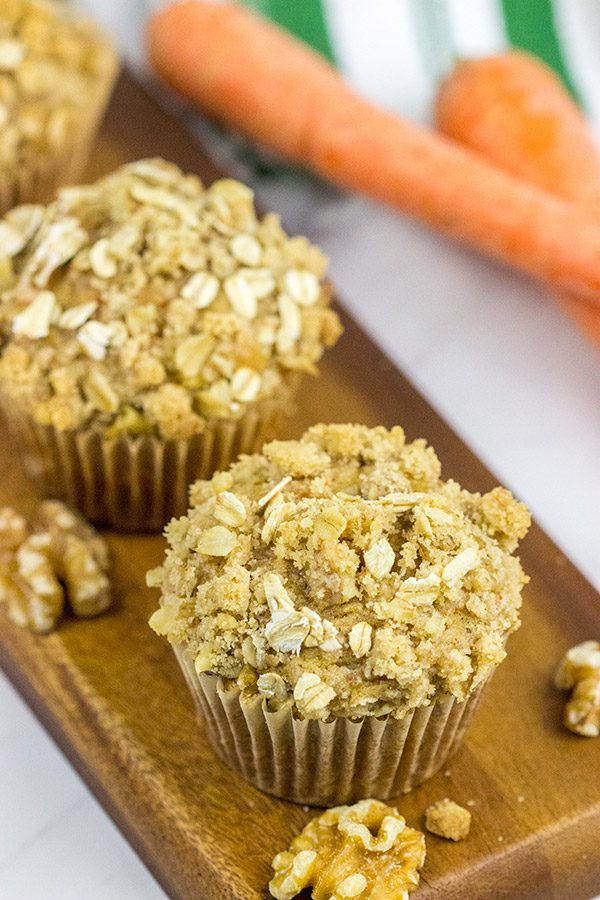 Topped with a brown sugar and walnut streusel, these Carrot Cake Muffins are a delicious way to start a weekend morning!