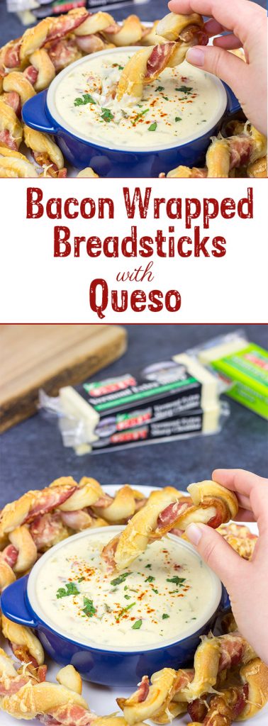 Bacon. Cheese. Breadsticks. What else do you need? These Bacon Wrapped Breadsticks with Queso are a unique and delicious football party appetizer!