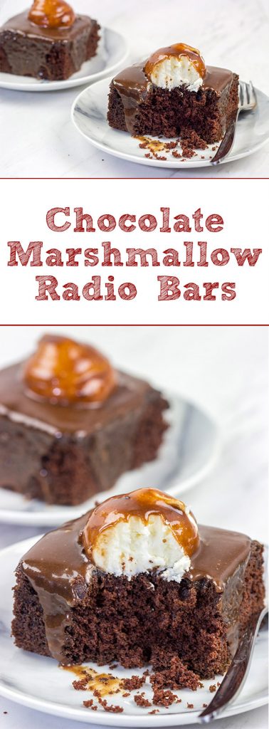 These Chocolate Marshmallow Radio Bars feature a chocolate cake base topped with a scoop of marshmallow buttercream...oh yeah, and then they're covered in a chocolate glaze!