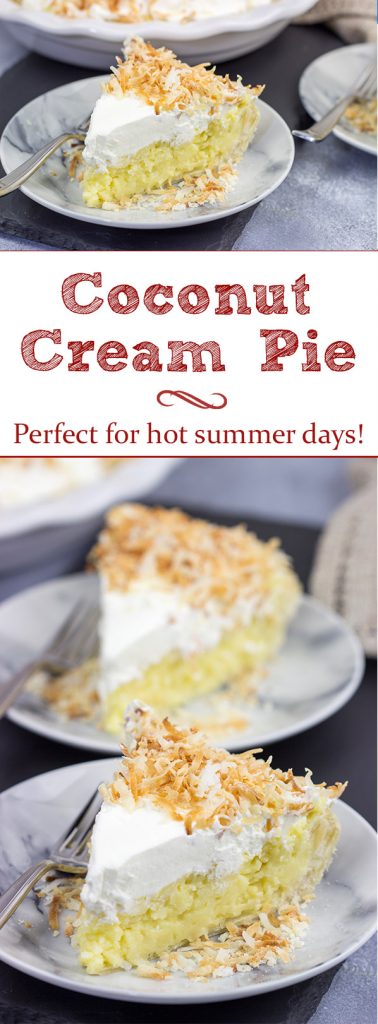 Topped with lightly toasted coconut flakes, this Coconut Cream Pie is a classic summer dessert! Grab a fork and dig in!