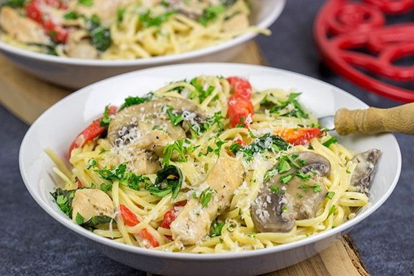 This Creamy Chicken Mushroom Pasta is packed with flavor, and it's easy enough to make on a busy weeknight.  Plus, it only uses one pot!