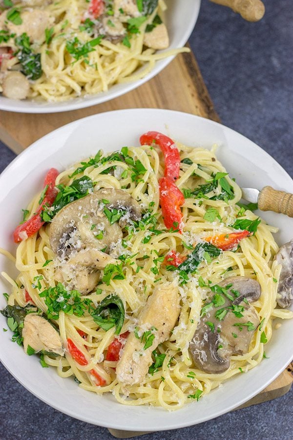 This Creamy Chicken Mushroom Pasta is packed with flavor, and it's easy enough to make on a busy weeknight.  Plus, it only uses one pot!