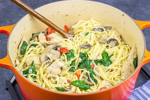This Creamy Chicken Mushroom Pasta is packed with flavor, and it's easy enough to make on a busy weeknight.  Plus, it only uses one pot!