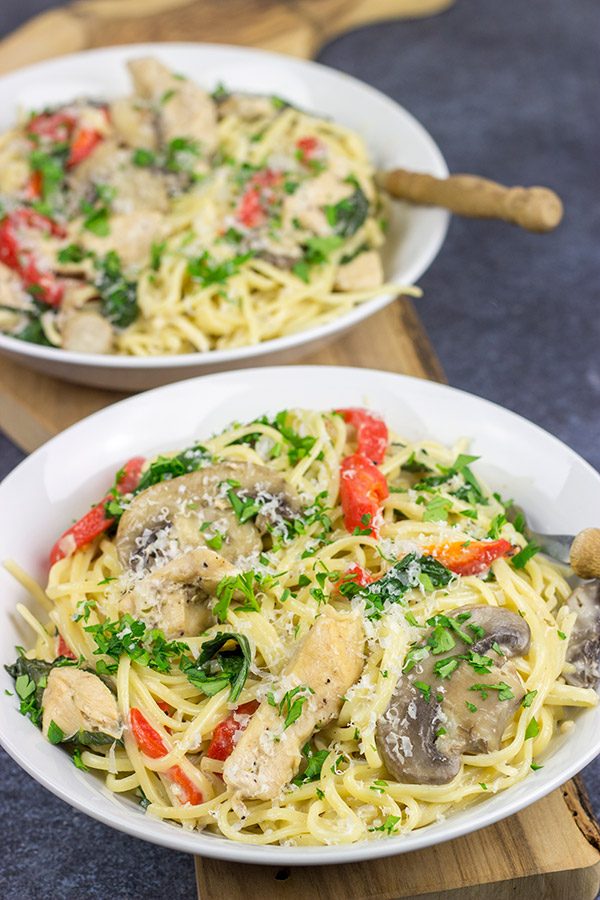 This Creamy Chicken Mushroom Pasta is packed with flavor, and it's easy enough to make on a busy weeknight.  Plus, it only uses one pot!