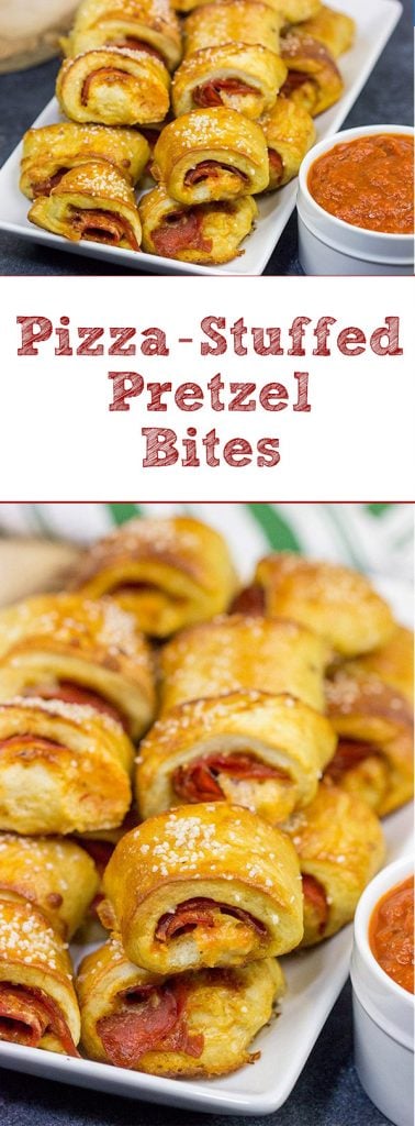 Filled with pepperoni, pizza sauce and 2 kinds of cheese, these Pizza Stuffed Pretzel Bites are the perfect appetizer for watching football!