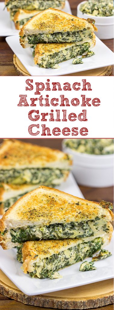 This Spinach Artichoke Grilled Cheese is what happens when you run out of tortilla chips.  I think I stumbled onto a favorite new idea for grilled cheese sandwiches!