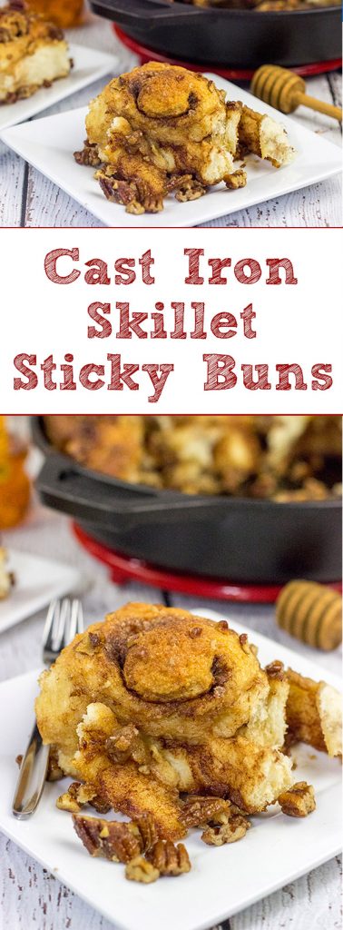 These Cast Iron Skillet Sticky Buns are topped with a tasty honey pecan glaze.  They're a surefire way to cure the winter blues!