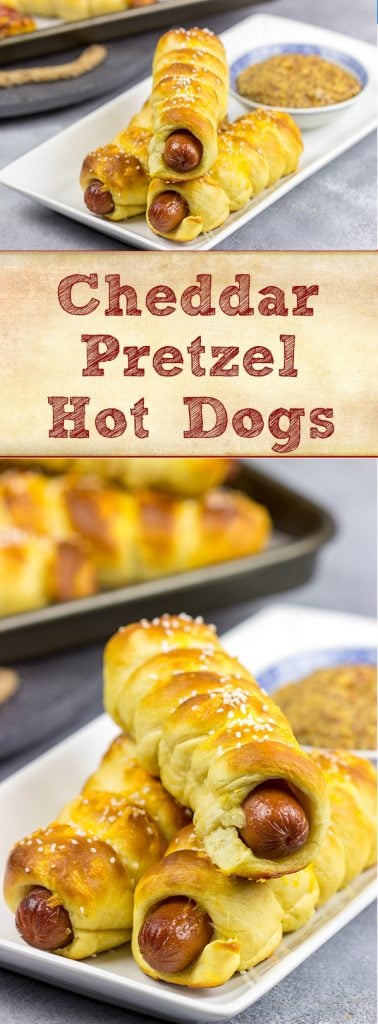 These Cheddar Pretzel Hot Dogs are wrapped with soft pretzel dough and covered with shredded cheese. Talk about a tasty way to bake up a hot dog!