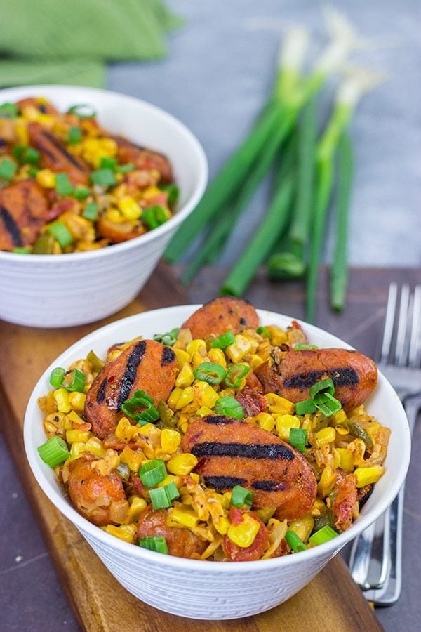 This Corn Maque Choux with Smoked Andouille Chicken Sausage is a classic southern Louisiana dish. It might be difficult to pronounce, but it's easy to make...and it's delicious, too!