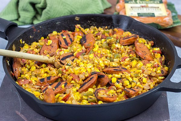 This Corn Maque Choux with Smoked Andouille Chicken Sausage is a classic southern Louisiana dish. It might be difficult to pronounce, but it's easy to make...and it's delicious, too!
