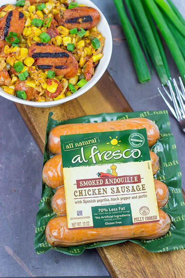 This Corn Maque Choux with Smoked Andouille Chicken Sausage is a classic southern Louisiana dish. It might be difficult to pronounce, but it's easy to make...and it's delicious, too!