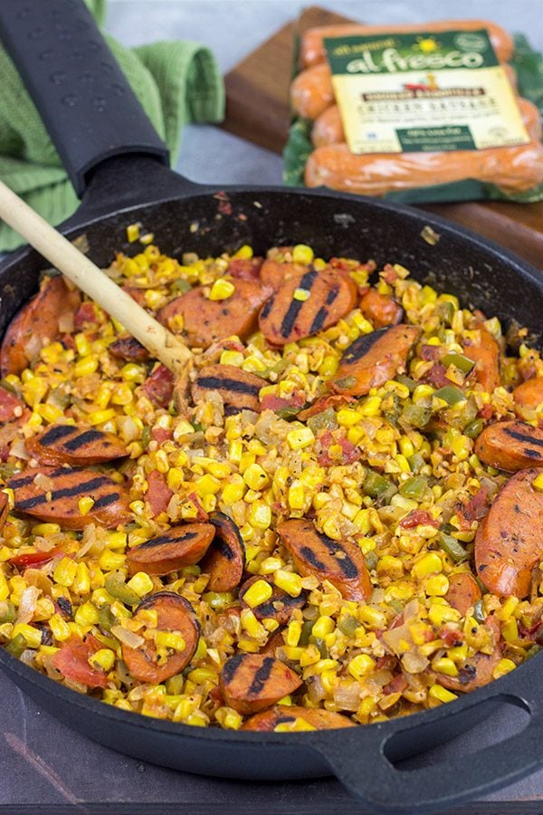 This Corn Maque Choux with Smoked Andouille Chicken Sausage is a classic southern Louisiana dish. It might be difficult to pronounce, but it's easy to make...and it's delicious, too!