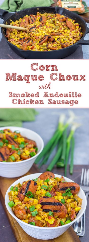 This Corn Maque Choux with Smoked Andouille Chicken Sausage is a classic southern Louisiana dish. It might be difficult to pronounce, but it's easy to make...and it's delicious, too!