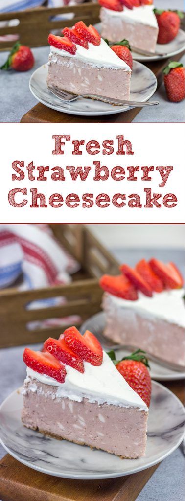 Instead of topping your cheesecake with fresh strawberries, bake 'em straight in! This Fresh Strawberry Cheesecake is a fun dessert for warm summer days!