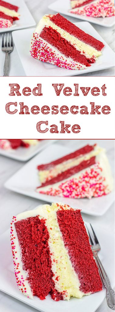 1 layer of cheesecake + 2 layers of red velvet cake = 3 layers of awesome! This Red Velvet Cheesecake Cake is a tasty way to celebrate Valentine's Day...or any other day of the year!