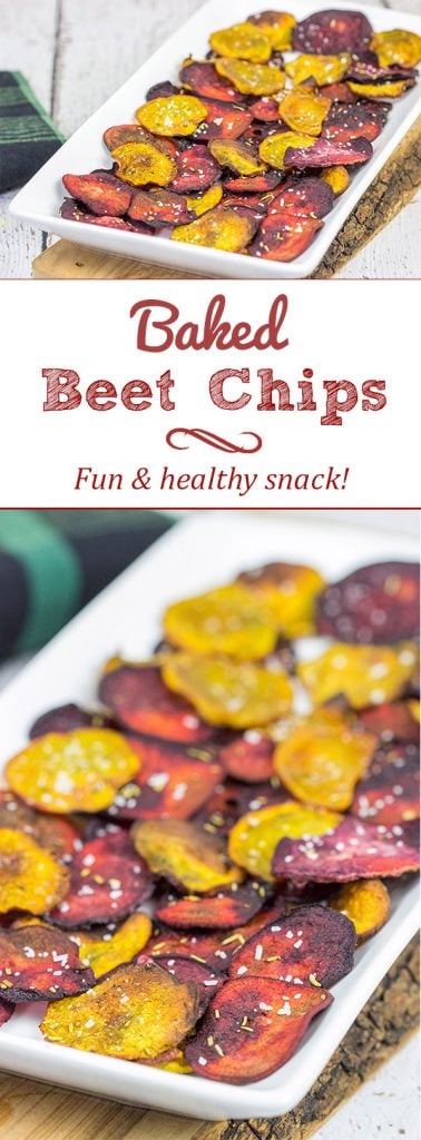 Seasoned with a bit of rosemary and salt, these Baked Beet Chips make for a fun and healthy snack!