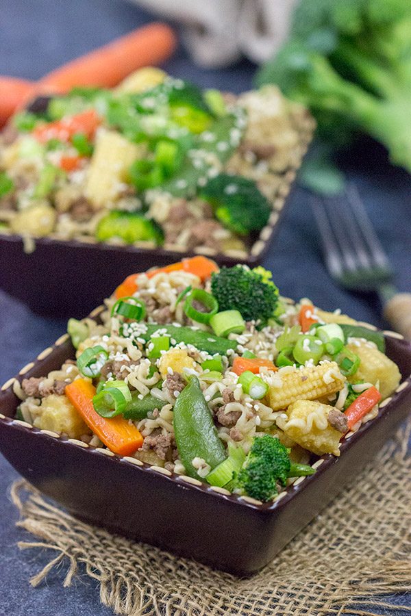 Looking for a fun way to use ramen packets?  Grab some veggies and whip up a batch of this tasty Beef Noodle Stir Fry!