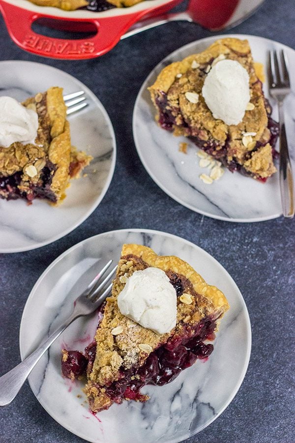 Topped with a combination of oats, brown sugar and cinnamon, this Cherry Crumb Pie is a delicious treat on a warm summer evening!