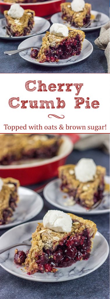 Topped with a combination of oats, brown sugar and cinnamon, this Cherry Crumb Pie is a delicious treat on a warm summer evening!