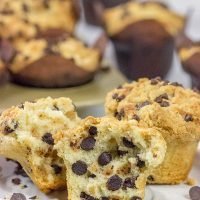 Packed with chocolate chips and topped with a brown sugar streusel, these Chocolate Chip Muffins are a delicious treat for any time of the day!