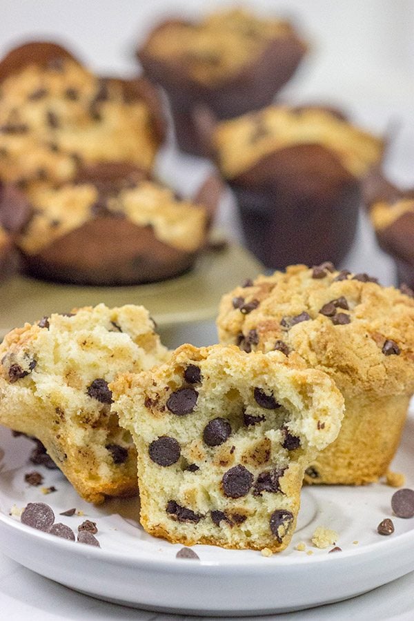 Packed with chocolate chips and topped with a brown sugar streusel, these Chocolate Chip Muffins are a delicious treat for any time of the day!
