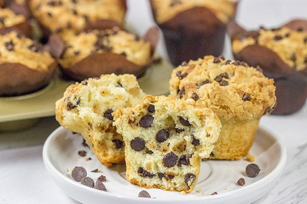 Packed with chocolate chips and topped with a brown sugar streusel, these Chocolate Chip Muffins are a delicious treat for any time of the day!