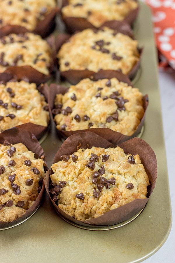 Packed with chocolate chips and topped with a brown sugar streusel, these Chocolate Chip Muffins are a delicious treat for any time of the day!