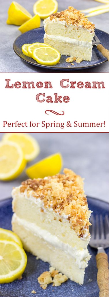 This Lemon Cream Cake features layers of delicious lemon cake topped with a light whipped frosting and crunchy crumbles!
