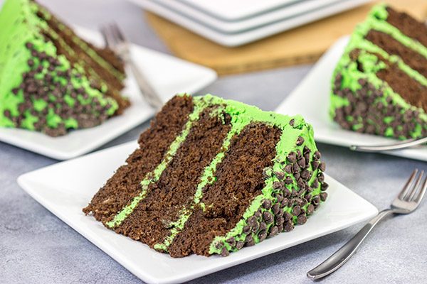 This Mint Chocolate Chip Cake features three layers of decadent chocolate cake covered by a delicious mint green frosting.  Grab a slice for dessert tonight!