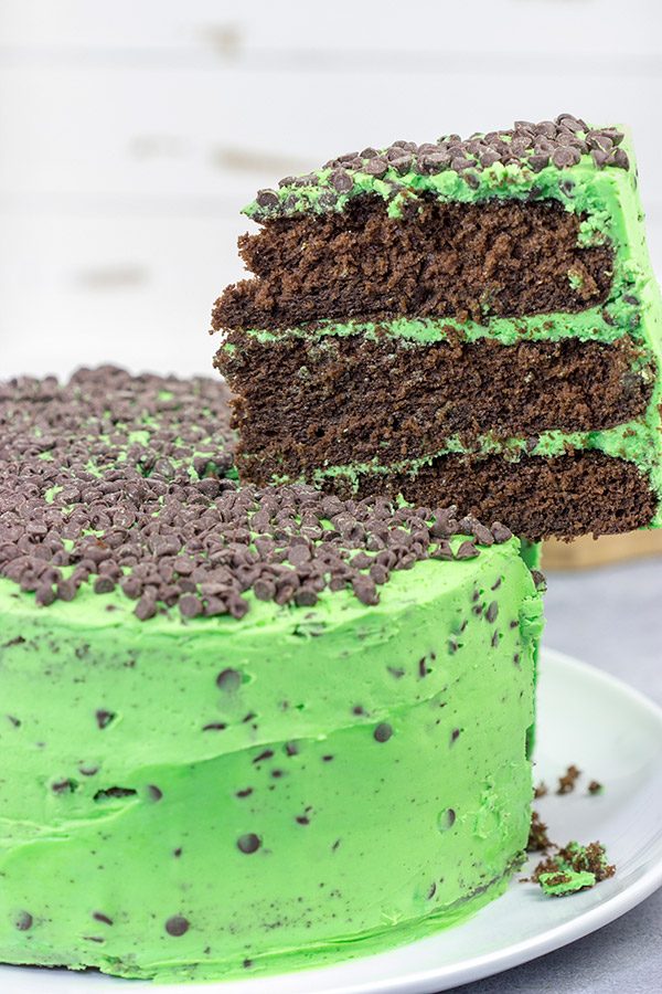 This Mint Chocolate Chip Cake features three layers of decadent chocolate cake covered by a delicious mint green frosting.  Grab a slice for dessert tonight!