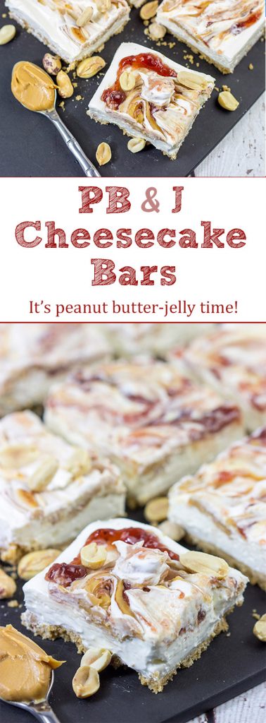 These PB&J Cheesecake Bars are an easy and delicious way to celebrate National Peanut Butter and Jelly Day! (They're also a great dessert for any other day of the year, too!)