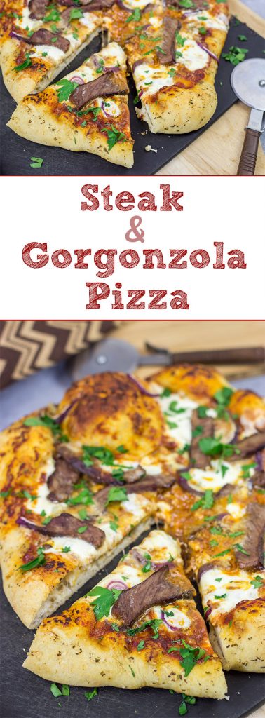 Mix up pizza night this week! This Steak and Gorgonzola pizza features seared ribeye steak along with dollops of creamy mozzarella and gorgonzola cheese. Yum!