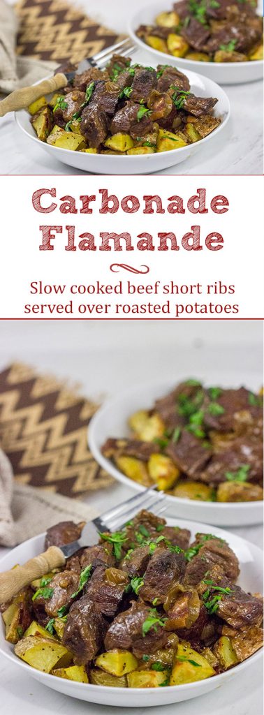 Carbonade Flamande is a traditional Belgian dish consisting of beef short ribs simmered in Belgian ale and then served over fries or roasted potatoes.  It's the perfect comfort food for cold weather!