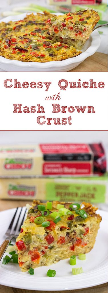 Let's do brunch the right way! This Cheesy Quiche with Hash Brown Crust is loaded with 2 types of cheese, bacon, onions and peppers. Yum!