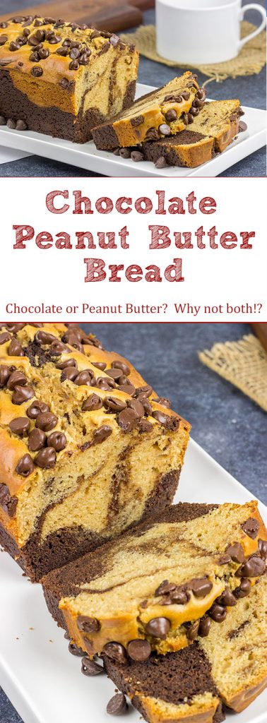 Can't decide between chocolate and peanut butter? Go with both! This swirled Chocolate Peanut Butter Bread is a fun and tasty recipe!