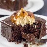 Decadent chocolate cake topped with a scoop of whipped peanut butter frosting...and then coated with chocolate glaze!  These Chocolate Peanut Butter Radio Bars are one heck of an awesome dessert!