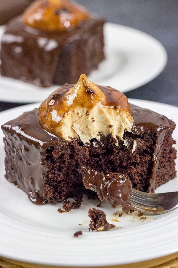 Decadent chocolate cake topped with a scoop of whipped peanut butter frosting...and then coated with chocolate glaze!  These Chocolate Peanut Butter Radio Bars are one heck of an awesome dessert!
