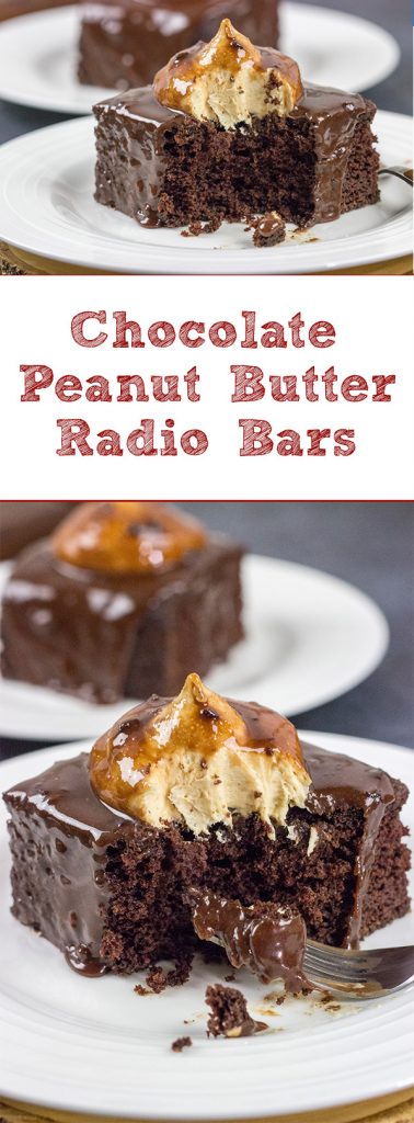 Decadent chocolate cake topped with a scoop of whipped peanut butter frosting...and then coated with chocolate glaze! These Chocolate Peanut Butter Radio Bars are one heck of an awesome dessert!