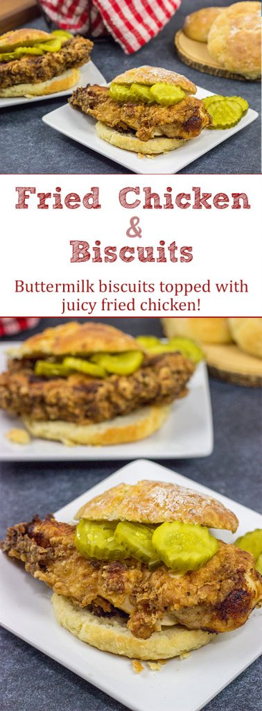 Fried Chicken and Biscuits is a classic recipe for a reason! Homemade buttermilk biscuits topped with juicy fried chicken make for one heck of a comfort food meal!