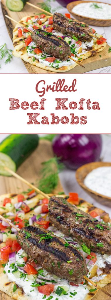 Served over grilled naan and tzatziki sauce, these Grilled Beef Kofta Kabobs are a delicious way to enjoy a summer night in the backyard!