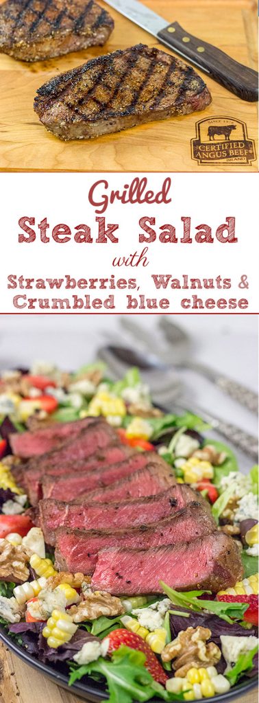 Grilling season is back!  Let's kick it off with a delicious Grilled Steak Salad topped with strawberries, blue cheese, corn and toasted walnuts!