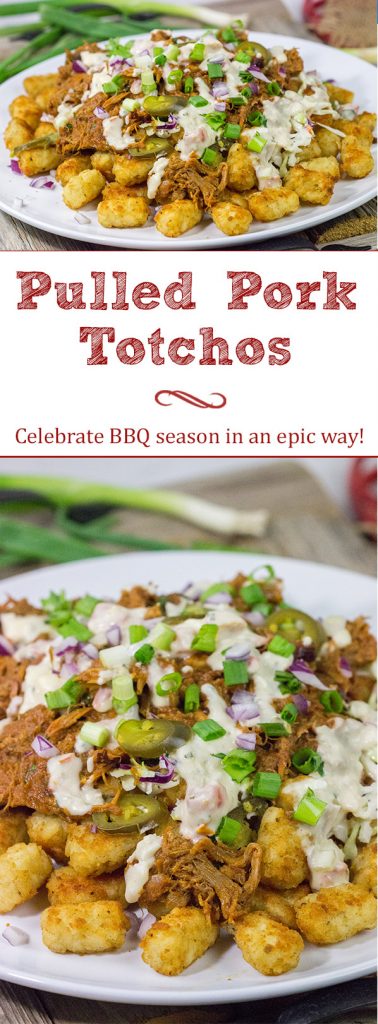 Kick off BBQ season the right way! These Pulled Pork Totchos are topped with pulled pork, cole slaw and pepper jack queso. This delicious appetizer will be the hit of the party!