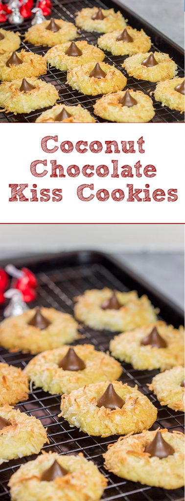 These Coconut Chocolate Kiss Cookies are a fun twist on the classic sugar cookie! Toasted coconut + melty chocolate combine for a tasty sweet treat!