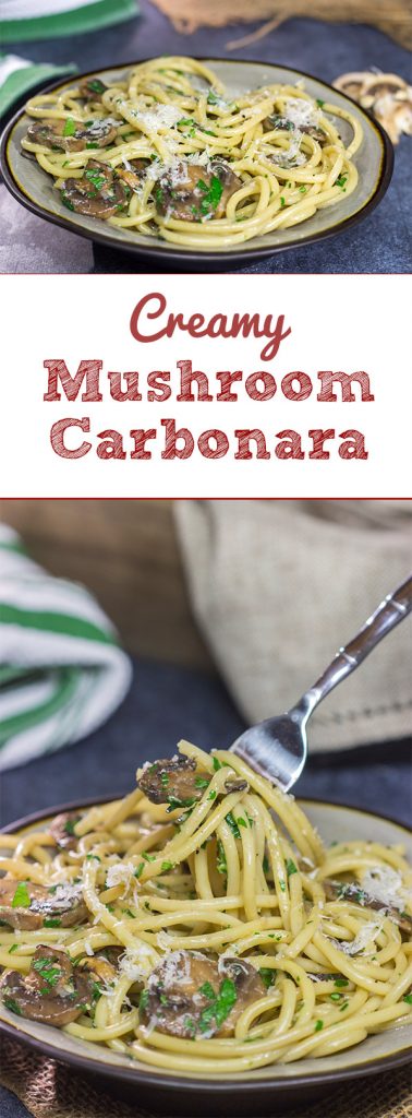 Get ready for some serious comfort food!  This Creamy Mushroom Carbonara features thick spaghetti coated in a creamy sauce with plenty of sauteed mushrooms.