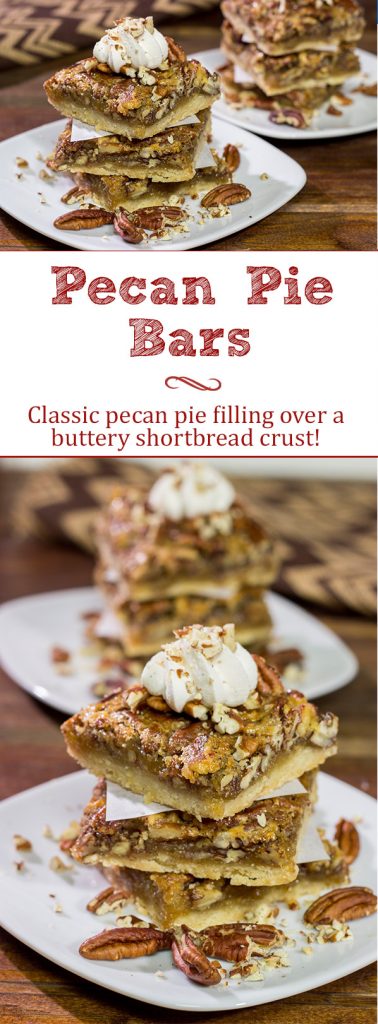 There's a reason why pecan pie is a holiday staple!  These Pecan Pie Bars feature a buttery shortbread crust topped with a gooey pecan pie filling.  They're perfect for grabbing and gobbling!
