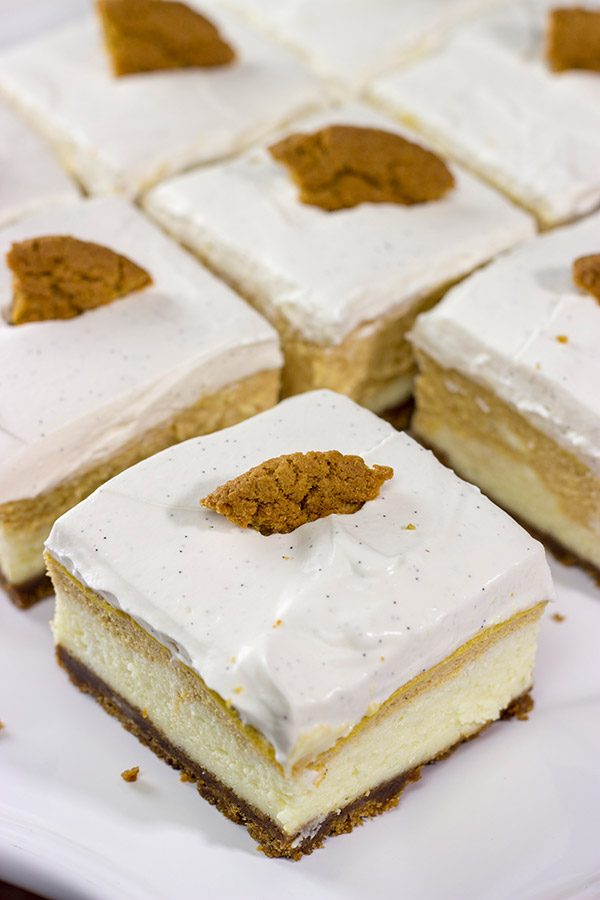 These Pumpkin Swirl Cheesecake Bars feature creamy cheesecake topped with a vanilla bean whipped cream...all over a gingersnap crust!  Talk about the perfect Autumn dessert!