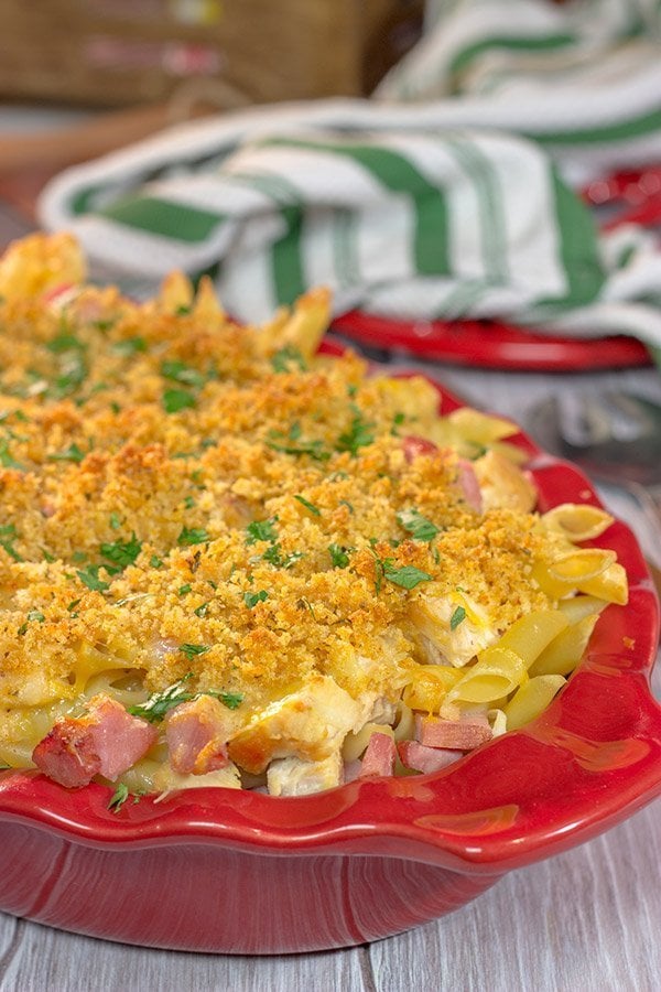Say hello to a fun new pasta bake!  This Chicken Cordon Bleu Pasta features a delicious combination of chicken, ham, cheese and pasta.  Bake it up for dinner tonight!
