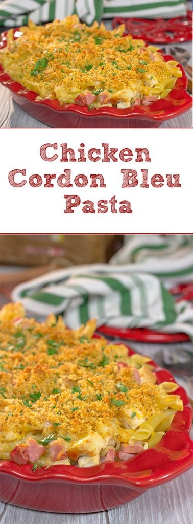 Say hello to a fun new pasta bake! This Chicken Cordon Bleu Pasta features a delicious combination of chicken, ham, cheese and pasta. Bake it up for dinner tonight!