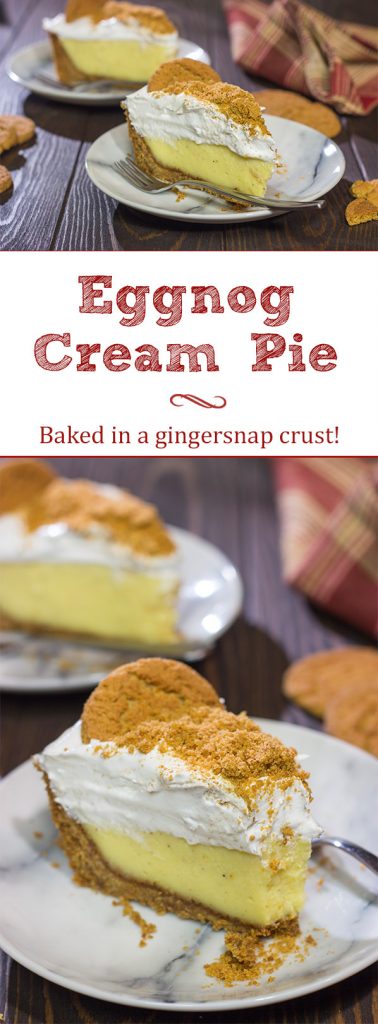 Baked in a gingersnap cookie crust, this Eggnog Cream Pie makes for one heck of a delicious treat during the holidays! Cheers!