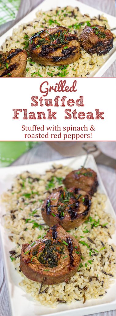 Impress your family and friends with this Grilled Stuffed Flank Steak! Stuffed with spinach and roasted red peppers, this steak is a delicious option for the summer grill!